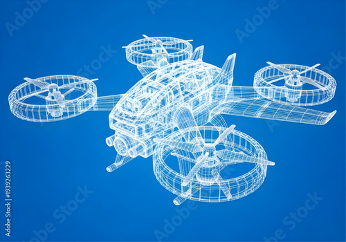 Drone blueprint wireframe illustration on blue background for engineering
