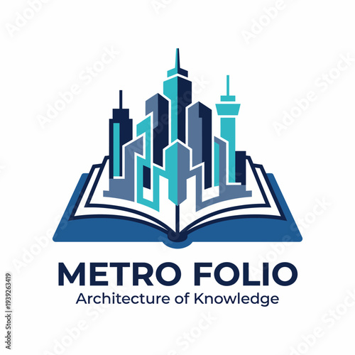 This imaginative logo depicts a skyline emerging from an open book, representing the architecture of knowledge and the blend of learning and urban life.