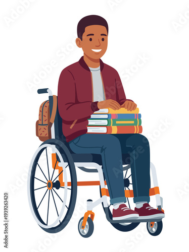 This heartwarming image features a young boy in a wheelchair, joyfully smiling while holding a stack of books, emphasizing inclusivity and the love for learning.
