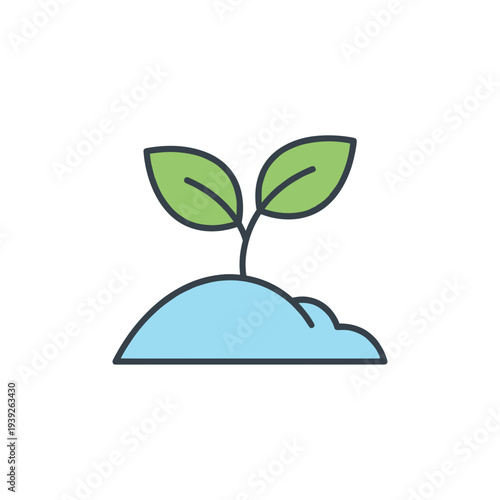 Small green sprout growing from soil with blue background  