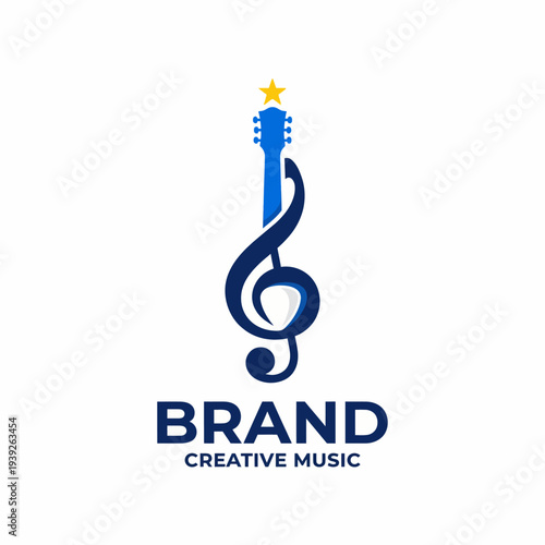 This refined logo design artfully combines a guitar with a treble clef and a star, representing creativity and artistry in the music industry.