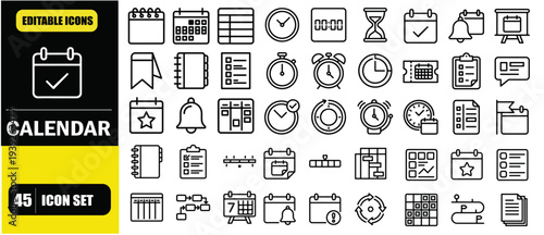 Calendar Outline Icon Set, Date, Schedule, Month, Week, Appointment, Event, Time, Planning, Agenda, Clock, Editable Line Vector Illustration for Web and App