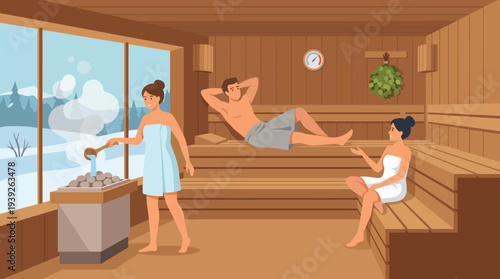 A serene sauna setting features individuals enjoying a relaxing atmosphere. This image captures the essence of wellness and relaxation in a tranquil environment.
