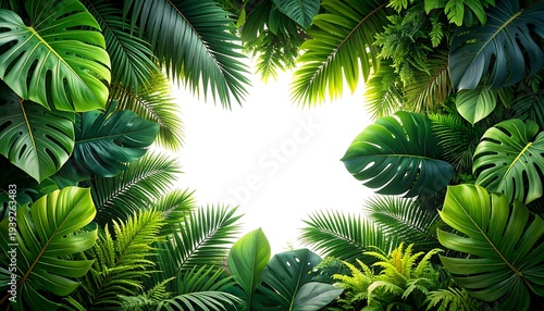 Vibrant green foliage framing a bright white space, tropical leaves in lush abundance, creating a natural border