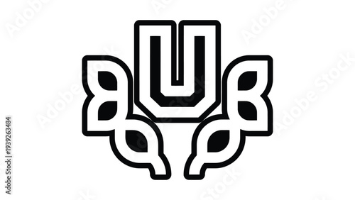 Intricate stylized logo featuring abstract intertwined elements and a central letter u