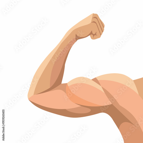 The image presents a muscular arm flexing, showcasing strength and power with a realistic rendering that highlights the anatomy of the bicep and forearm muscles.
