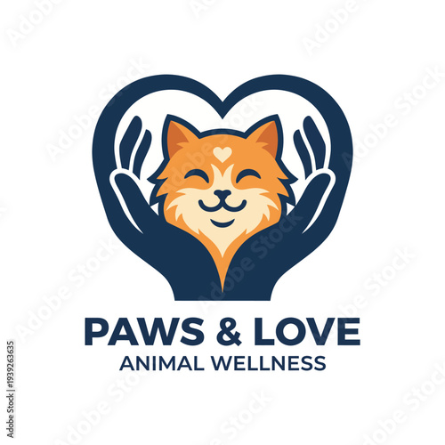 This playful image showcases a happy cat in a heart shape formed by hands, emphasizing the bond between pets and their owners in a loving and caring pet wellness context.