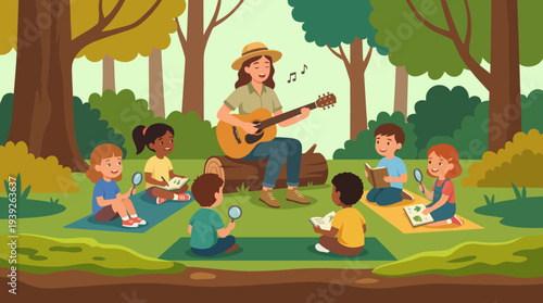 This delightful image shows children sitting in nature as they engage in storytime with a guitar-playing instructor, fostering creativity and joy through music and storytelling.