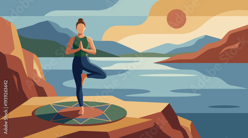 This image showcases a calming figure in a yoga pose on a cliff, surrounded by mountains and water, conveying peace, tranquility, and the essence of mindfulness.