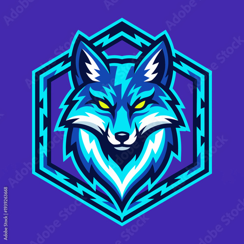 This striking image portrays a stylized wolf head with vibrant blue colors, set within a hexagonal frame, capturing a fierce yet artistic representation of strength and agility.