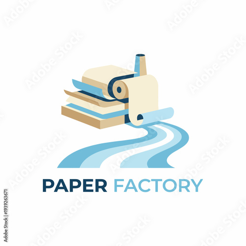 This image represents a modern paper factory, showcasing stacks of paper rolls and an industrial production line, highlighting creativity and the printing process.