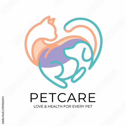 This heartwarming illustration features a cat and dog intertwined, symbolizing love, care, and companionship, emphasizing the importance of pet health and well-being.