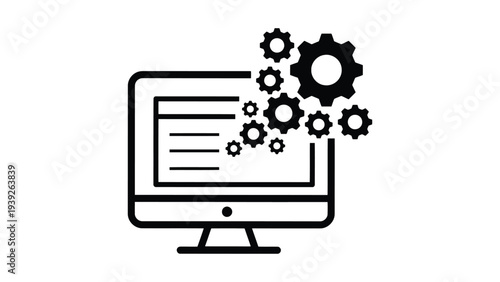 Computer screen with emerging gear icons symbolizing software development or programming