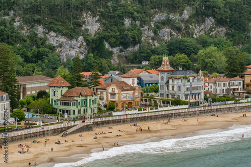 Santa Marina beach and historic villas in Ribadesella Spain