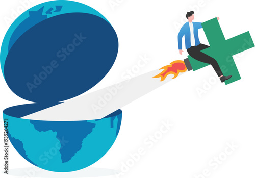 Businessman Launching Plus Symbol from World Globe