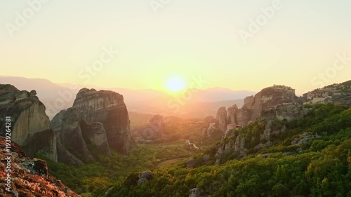 Majestic Sunset over Meteora Monastery Complex Greece