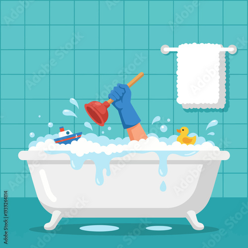 A humorous illustration of a plunger wielding hand rising from a bubbly bathtub, combining playfulness and domestic life. Ideal for plumbing or home care themes.