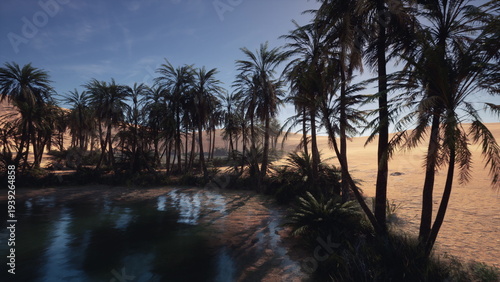 moody twilight oasis with shadowed palms, mirrorlike lagoon reflecting dusky sky, cinematic framing and deep contrast, nomad scout resting near camp