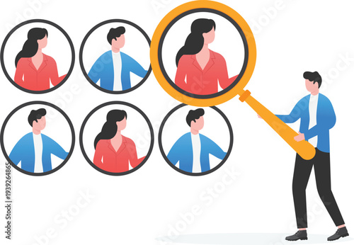 Businessman Selecting Female Leader with Magnifier