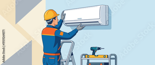 A technician working on the installation of an air conditioning unit, demonstrating skilled labor in home improvement and comfort solutions for indoor spaces.
