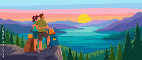 A romantic scene where a couple admires a beautiful sunset over a serene lake, illustrating love, adventure, and the emotional connection to nature.