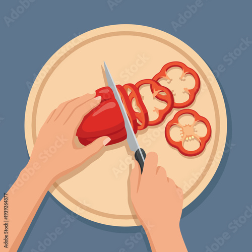 A hands-on approach to cooking, showcasing the process of slicing a fresh red bell pepper, emphasizing the preparation of healthy meals in a domestic environment.