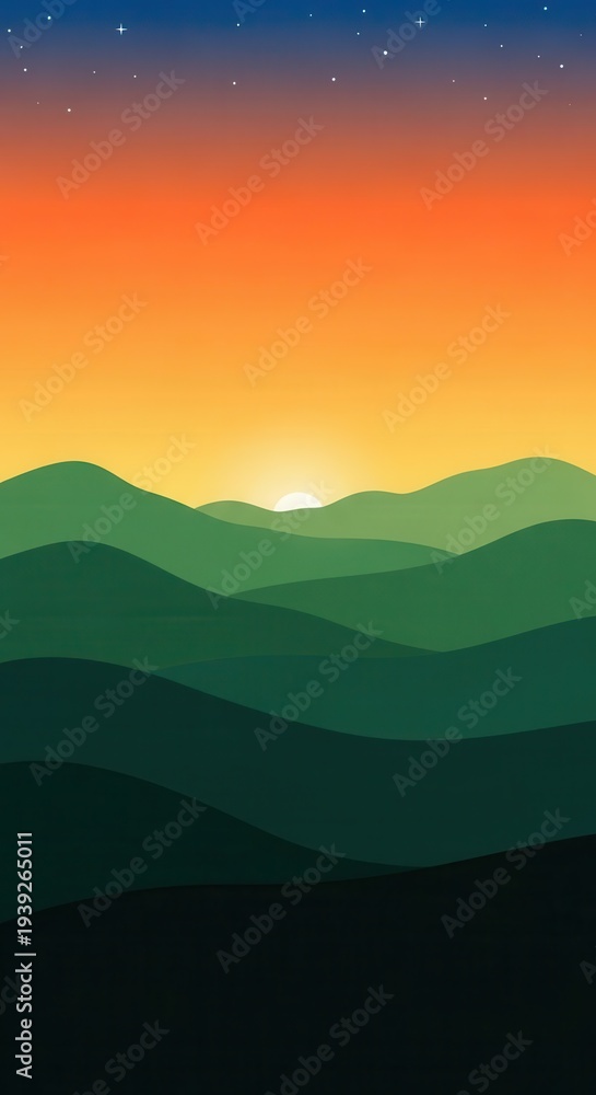 Obraz premium Layers of undulating terrain meet a brightly colored gradient sky at sunrise or sunset.