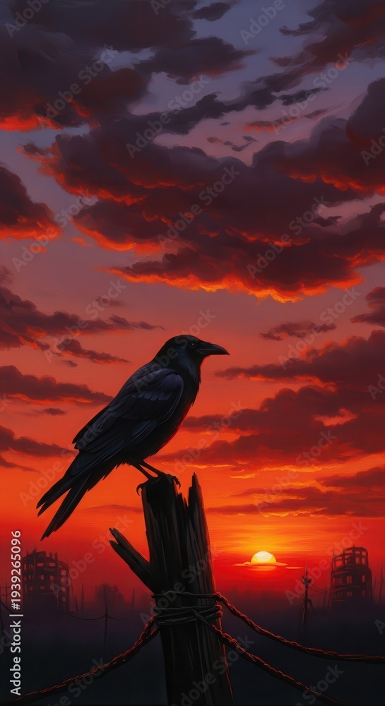 Fototapeta premium Dark bird perched upon a weathered post against a dramatic, fiery sunset backdrop.