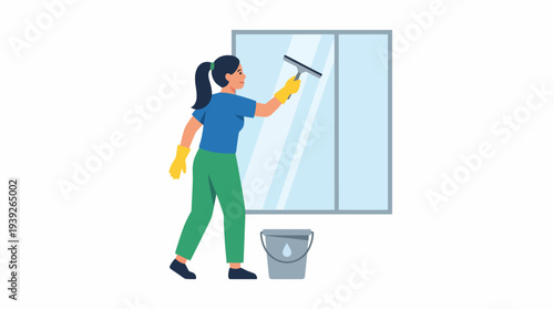 A dedicated woman cleans windows with focus and attention, emphasizing cleanliness and domestic care, perfect for home service and cleaning-related themes.