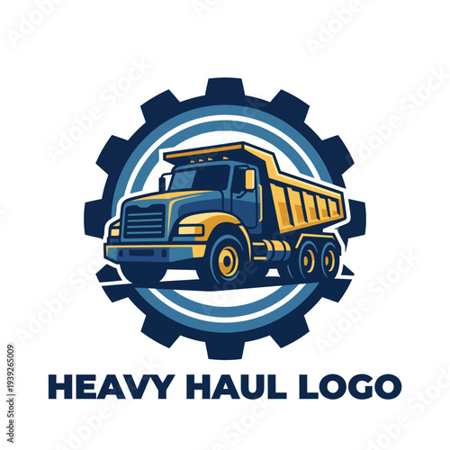 This logo highlights a truck within gears, representing heavy hauling and transportation, ideal for logistics, construction, or heavy-duty machinery services.