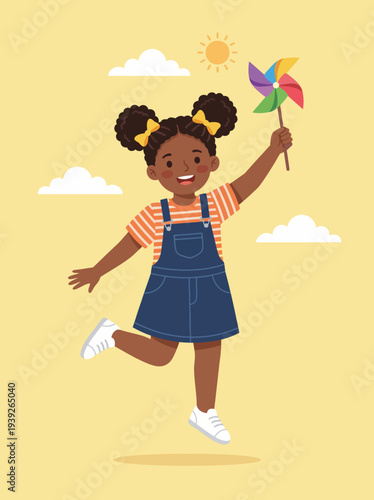 A joyful illustration of a young girl holding a pinwheel, surrounded by clouds and sunshine, capturing the essence of childhood happiness and carefree moments in life.