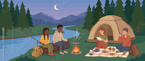 This vibrant illustration captures four friends enjoying a cozy camping experience by a river, featuring activities like fishing, cooking, and sharing stories by a campfire.