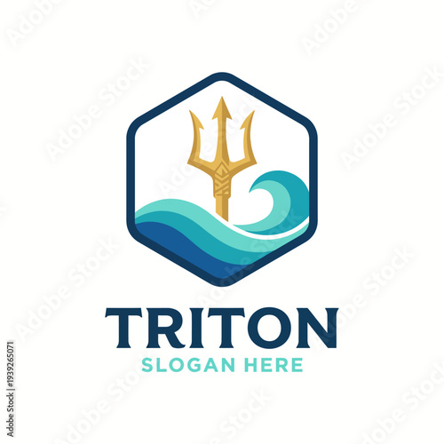 A dynamic logo featuring a trident and ocean waves, embodying the essence of strength, mastery over the seas, and connection to marine life and the power of water.