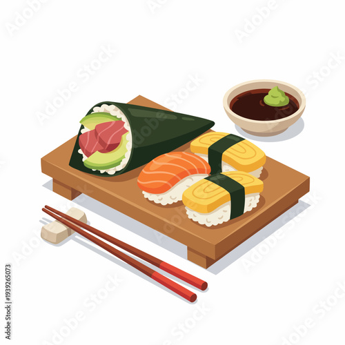 An appealing image of a sushi platter featuring colorful rolls, fresh sashimi, soy sauce, and garnishes presented on a wooden board, showcasing culinary expertise.