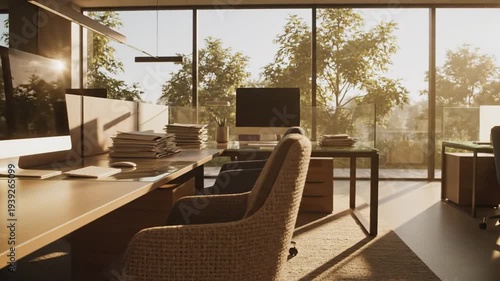 Sunlit modern office workspace with glass partition and ergonomic desk setup