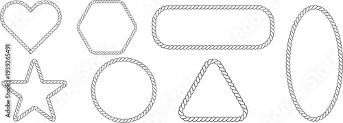  Rope frame border set isolated on white bg. Hexazon, square, oval and heart shape in sea sailor theme, nautical rope collection, flat vector illustration. Blue marine loop and cord and dotted borders