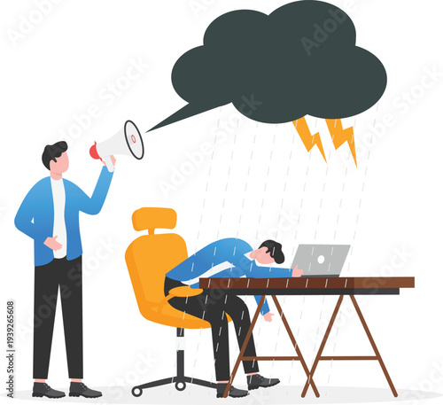 Businessman Depressed at Desk under Storm Cloud