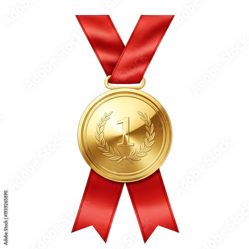 Golden Winner Medal with Red Ribbon Isolated PNG – Shiny Award Badge for Victory, Achievement, and Competition on Transparent Background 🏅