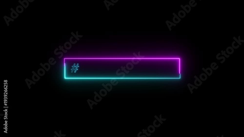 Pink and cyan neon hashtag symbol with empty bar on black background, pink cyan neon social media tag concept, pink cyan neon digital hashtag interface element.