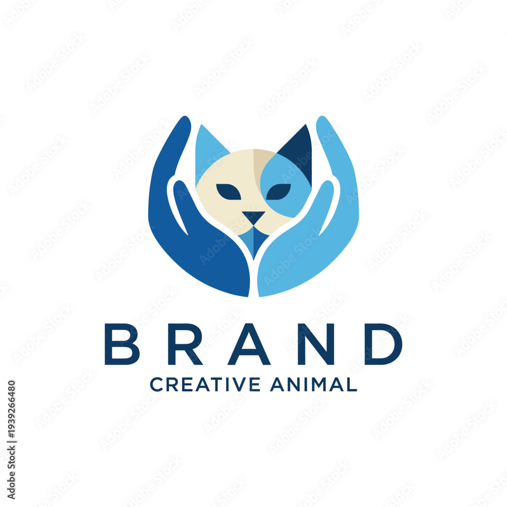 Obraz premium A creative logo illustration featuring a cat's face enveloped in human hands, representing care, love, and protection for pets while emphasizing a modern artistic style.