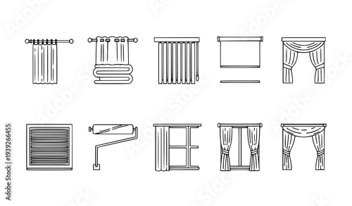 Minimal Window Curtains and Blinds Outline Icons Set for Interior Design