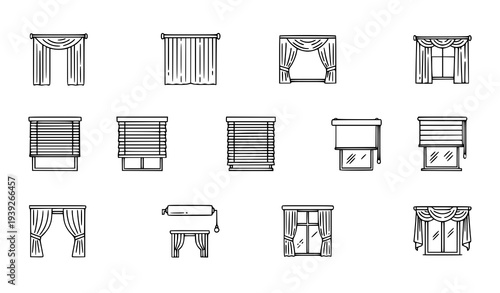 Window Treatment Line Icons with Curtains Blinds and Drapery Vector Set