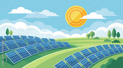 This vibrant illustration depicts solar panels in a lush green field, showcasing renewable energy harnessed under a bright sun, symbolizing sustainability and eco-friendliness.