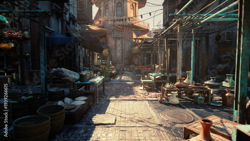 sunlit narrow market street empty stalls, dusty cobblestone path lined with pottery, baskets, textiles and wooden crates warm golden light filters