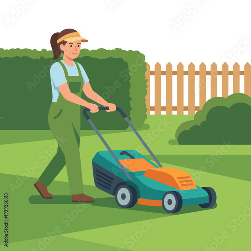 A cheerful woman is seen mowing her lawn, emphasizing the importance of lawn care and outdoor maintenance, showcasing the pride in owning a well-kept garden or yard space.