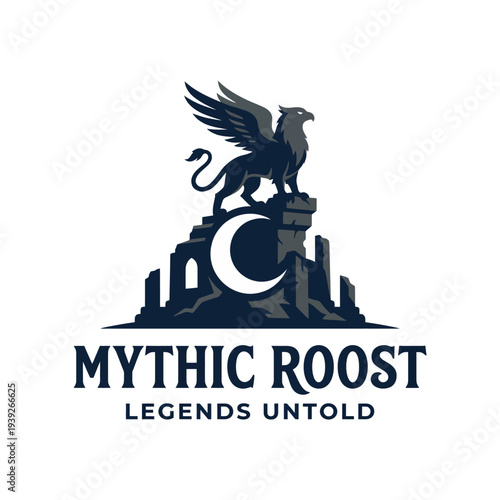 This artistic logo features a majestic griffin perched on ruins, symbolizing myths and legends, representing a unique brand that evokes the intrigue of fantasy storytelling.
