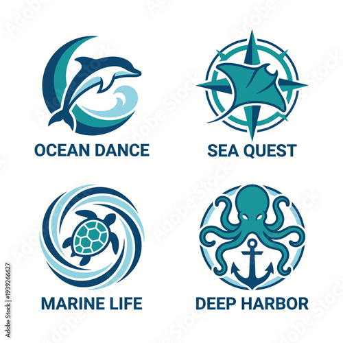This collection of ocean-themed logos showcases various marine life such as dolphins and turtles, highlighting themes of conservation, adventure, and the allure of the sea.