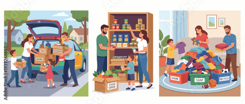 This vibrant image depicts community members engaged in charitable efforts, including a food drive, showcasing the spirit of giving, sharing, and helping one another in a positive environment.
