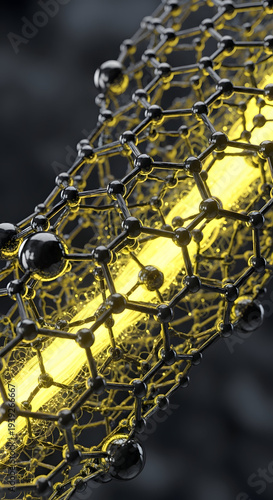 Abstract glowing carbon nanotube structure with scientific molecular lattice and bright yellow energy flow representing nanotechnology and advanced material science innovation