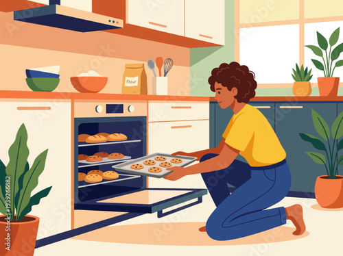 A charming depiction of a person baking cookies in a cozy kitchen environment, showcasing the warm ambiance and the joy of home-cooked treats and culinary creativity.